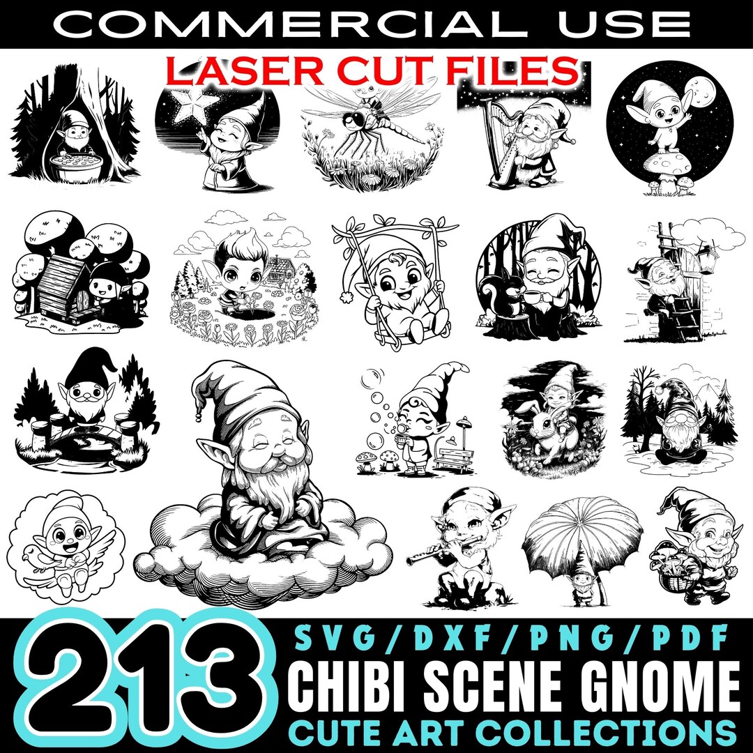 Chibi Scene Gnome Laser Cut Files | Gnome SVG & DXF Bundle | Kawaii ...
