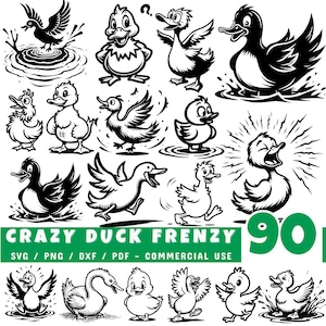 May include: A collection of 15 black and white duck illustrations in various poses, including swimming, running, and quacking. The phrase "CRAZY DUCK FRENZY" is displayed in green text, along with file type options and the number "90".