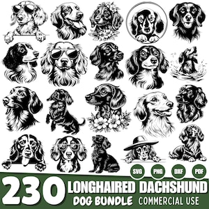 Longhaired Dachshund Dog Bundle SVG | DXF Bundle for Cricut | Dachshund Silhouette Clipart | Commercial Use Digital Files
