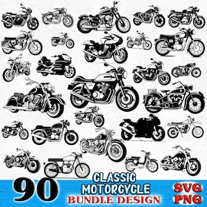 May include: A set of 90 black and white classic motorcycle SVG and PNG digital clip art images. The motorcycles are in various styles and poses.