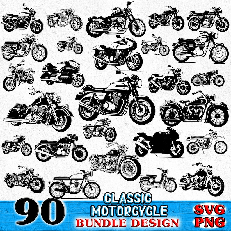 May include: A set of 90 black and white classic motorcycle SVG and PNG digital clip art images. The motorcycles are in various styles and poses.