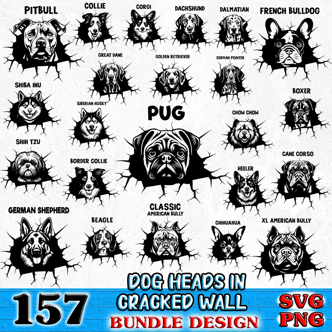 Dogs Head in Cracked Wall BUNDLE SVG, PNG Complete Breeds Dog or ...