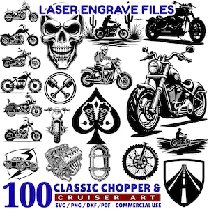 Lasergraveerbestanden klassieke chopper en cruiser motorfiets kunst Svg Png Pdf & Dxf bundel voor geëtste leisteen hout metaal gravure instant