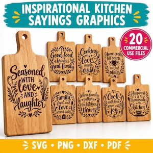May include: A collection of wooden cutting boards featuring various kitchen-themed quotes and illustrations. The text includes phrases like Seasoned with love and laughter, Good food brings great family, and Cooking is love made visible. Includes 20 commercial use files.