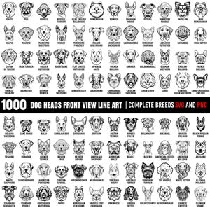 1000 cabezas de perros vista frontal arte lineal razas completas paquete Svg y PNG - dueño amante de perros o cachorros descargas digitales instantáneas
