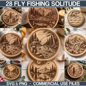 Könnte beinhalten: Eine Sammlung runder Holzuntersetzer mit lasergravierten Illustrationen von Fliegenfischerszenen, darunter Angler in Flüssen, springende Forellen und Berglandschaften. Der Text 28 FLY FISHING SOLITUDE SVG & PNG COMMERCIAL USE FILES ist sichtbar.