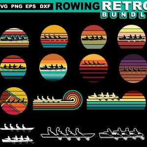 Peut inclure: Un ensemble de motifs rétro sur le thème de l'aviron. Chaque motif présente des silhouettes de rameurs dans des bateaux, sur des fonds de coucher de soleil colorés. Le texte "ROWING RETRO BUNDLE" est en haut.