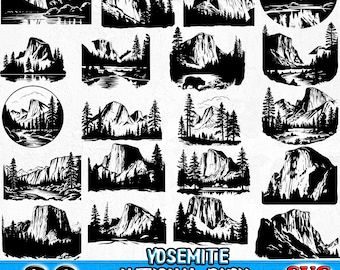 Peut inclure: Un ensemble de 30 designs SVG et PNG en silhouette noir et blanc représentant différentes vues du parc national de Yosemite. Les designs incluent des monuments emblématiques comme Half Dome et El Capitan, ainsi que des vues panoramiques des forêts, des rivières et des montagnes du parc.