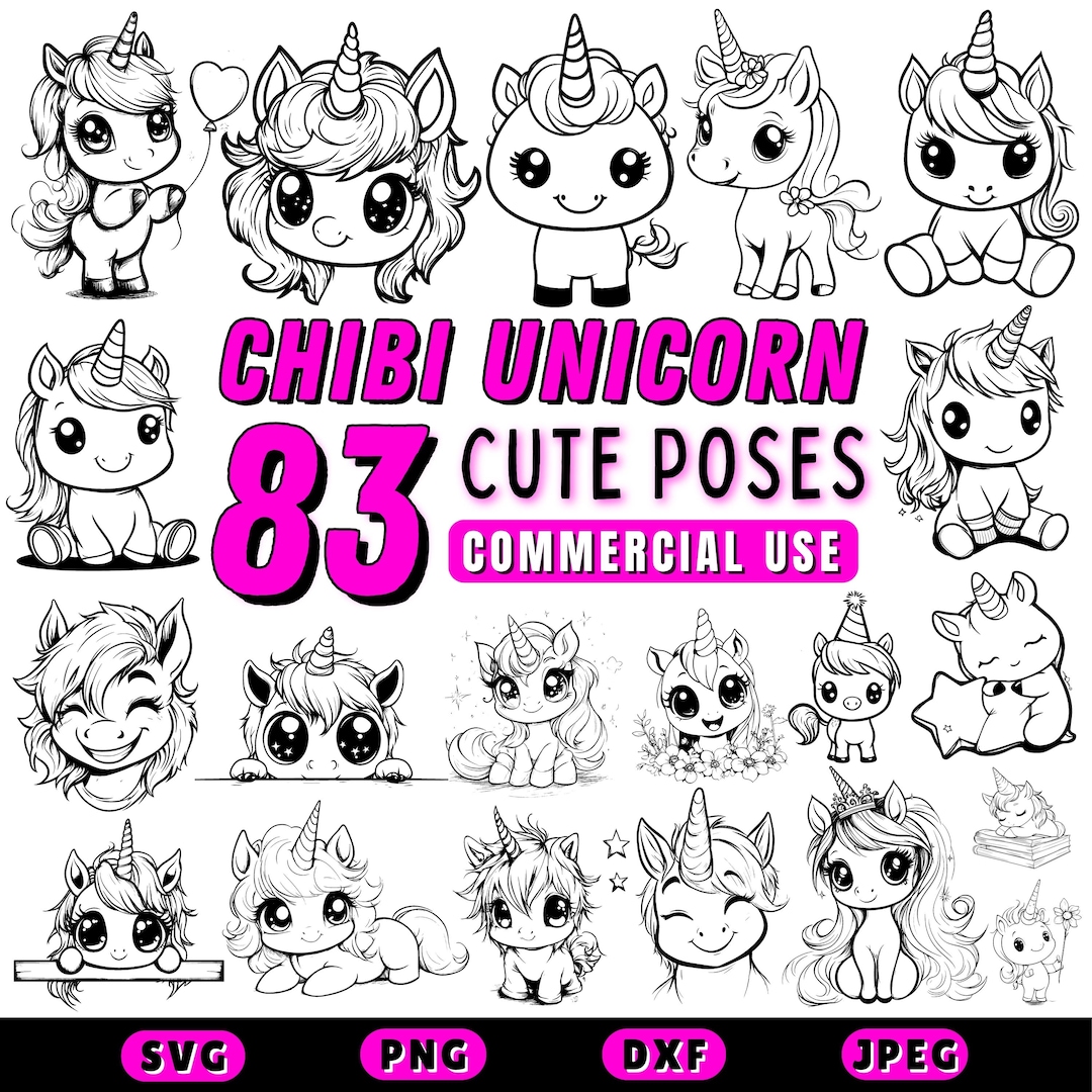 Chibi Unicorn SVG | Unicorn Clipart Bundle | Kawaii Unicorn PNG | Cute ...