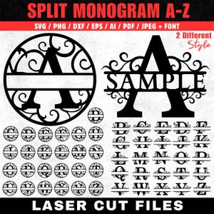 May include: Black and white split monogram designs in various styles. The image includes the letters A-Z in both circular and split designs, with the text "SPLIT MONOGRAM A-Z" and "LASER CUT FILES". The image also includes the text "SVG / PNG / DXF / EPS / AI / PDF / JPEG + FONT".