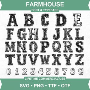 May include: A digital font set titled FARMHOUSE FONT & TYPEFACE featuring the full alphabet from A to Z and numbers 0 to 9. Each character has a black and white wood grain texture. The file formats listed are SVG, PNG, TTF, and OTF.
