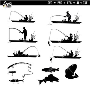 Kayak fishing svg files - Kayak fishing bundle art graphic drawing theme silhouettes Canoe or kayak svg fisherman instant digital download