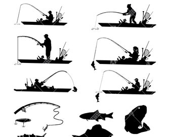 Kayak fishing svg files - Kayak fishing bundle art graphic drawing theme silhouettes Canoe or kayak svg fisherman instant digital download