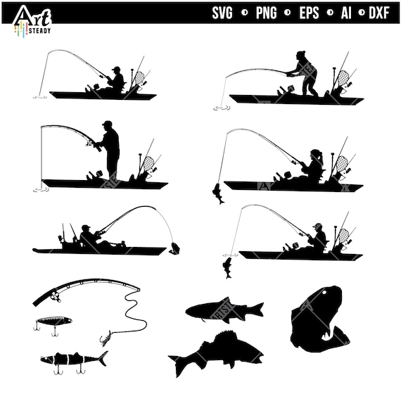 Kayak fishing svg files - Kayak fishing bundle art graphic drawing theme  silhouettes Canoe or kayak svg fisherman instant digital download