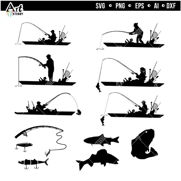 Kayak fishing svg files - Kayak fishing bundle art graphic drawing theme silhouettes Canoa o kayak svg fisherman instant digital download