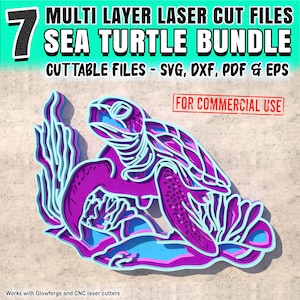 Tartaruga marinha multicamadas arquivos de corte a laser Dxf, Svg, Eps e PDF Bundle aquático oceano praia tema verão CNC multicamadas 3d Downloads instantâneos