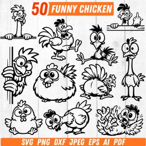 Könnte beinhalten: Schwarz-Weiß-Cartoon-Illustrationen von 50 lustigen Hühnern in verschiedenen Posen. Das Bild zeigt Hühner, die über eine Linie schauen, gehen und sich hinlegen. Der Text "50 Funny Chicken" ist orangefarben. Unter den Hühnern stehen die Dateitypen: SVG, PNG, DXF, JPEG, EPS, AI, PDF.