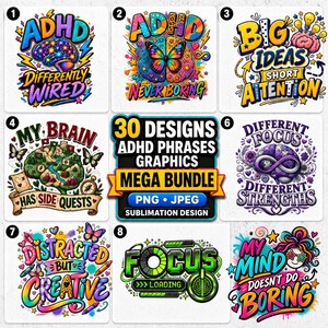 ADHD Awareness Png & Jpeg Sublimation Designs with Neurodiversity Sayings Digital Download