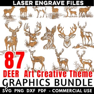 Op de afbeelding: Een set van 87 lasergesneden hertenafbeeldingen in verschillende poses, perfect voor knutselprojecten. De afbeeldingen zijn in een bruine houttint en bevatten de tekst "DEER Art Creative Theme GRAPHICS BUNDLE SVG PNG DXF PDF - COMMERCIAL USE".