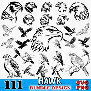 May include: A black and white digital design bundle of 111 hawk illustrations. The bundle includes various hawk poses, including flying, perched, and headshots. The text "HAWK BUNDLE DESIGN" and "SVG PNG" are included in the image.