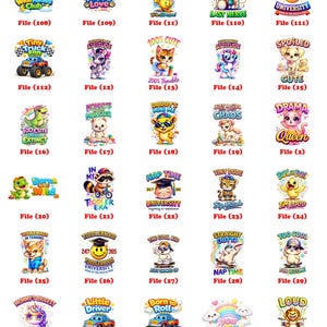 May include: A collection of colorful, cartoon-style graphics featuring various animals and phrases. Designs include a bear with a Daddy's badge, a lion with the text "LOUD", and a cat with the text "Mini Boss".