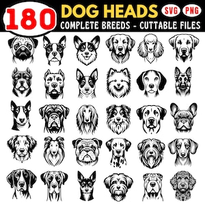 Dog Heads Svg and Png Bundle 180 Dog Faces Cuttable File Complete Dog ...