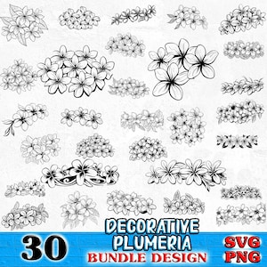 May include: A set of 30 black and white vector illustrations of plumeria flowers in various arrangements.  The illustrations are perfect for crafting, scrapbooking, and digital design projects.  Decorative Plumeria Bundle Design SVG PNG.