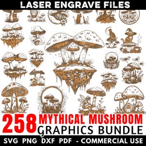 Può includere: Un download digitale di 258 illustrazioni vettoriali di funghi mitici in vari stili. Le illustrazioni sono in bianco e nero e presentano una varietà di forme, dimensioni e dettagli di funghi. Il testo "LASER ENGRAVE FILES" e "258 MYTHICAL MUSHROOM GRAPHICS BUNDLE" è incluso nell'immagine.