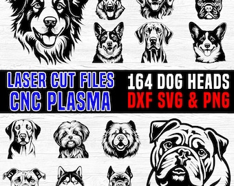 May include: A collection of 164 black and white dog head illustrations. The illustrations are in a variety of breeds and poses. The text "LASER CUT FILES CNC PLASMA 164 DOG HEADS DXF SVG & PNG" is at the bottom of the image.