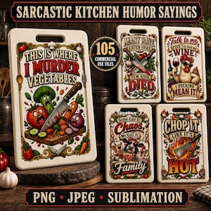 May include: A collection of five rectangular cutting boards featuring humorous kitchen-themed illustrations and text, including phrases like 'This is where I murder vegetables', 'Many have eaten here', 'Talk to me after I've had my wine', and 'Chop it like it's hot'.