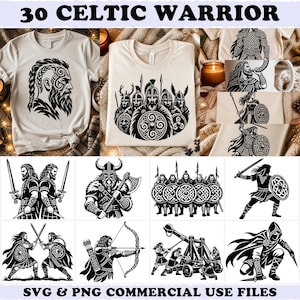 May include: A collection of 30 Celtic warrior graphic designs in black ink on white backgrounds, featuring illustrations of warriors with swords, shields, bows, and catapults, displayed on t-shirts and as individual digital art files.
