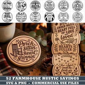 May include: A collection of circular wooden coasters featuring laser-engraved farmhouse-themed designs and text. Each coaster displays unique phrases such as Porch sittin, heart grinnin, and various illustrations including rocking chairs, farm animals, and nature motifs.