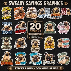 Może przedstawiać: Kolekcja 20 cyfrowych naklejek z ilustracjami mopsów i humorystycznymi napisami. Każda naklejka przedstawia mopsa o unikalnym wyrazie pyska oraz inną zabawną frazę, stanowiąc zestaw gotowych elementów graficznych do różnych projektów.