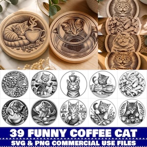 Könnte beinhalten: Eine Sammlung runder Holzuntersetzer und digitaler Illustrationen mit verschiedenen Katzen, die mit Kaffee interagieren, darunter Katzen, die neben Tassen schlafen, mit Kaffeebohnen spielen, Schürzen tragen und in Bändern verheddert sind, mit dem Text 39 FUNNY COFFEE CAT.
