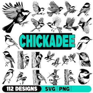 May include: A set of 112 black and white chickadee bird illustrations. The illustrations feature the birds in various poses, including flying, perched, and in a tree. The text "CHICKADEE" is displayed in large, bold letters.