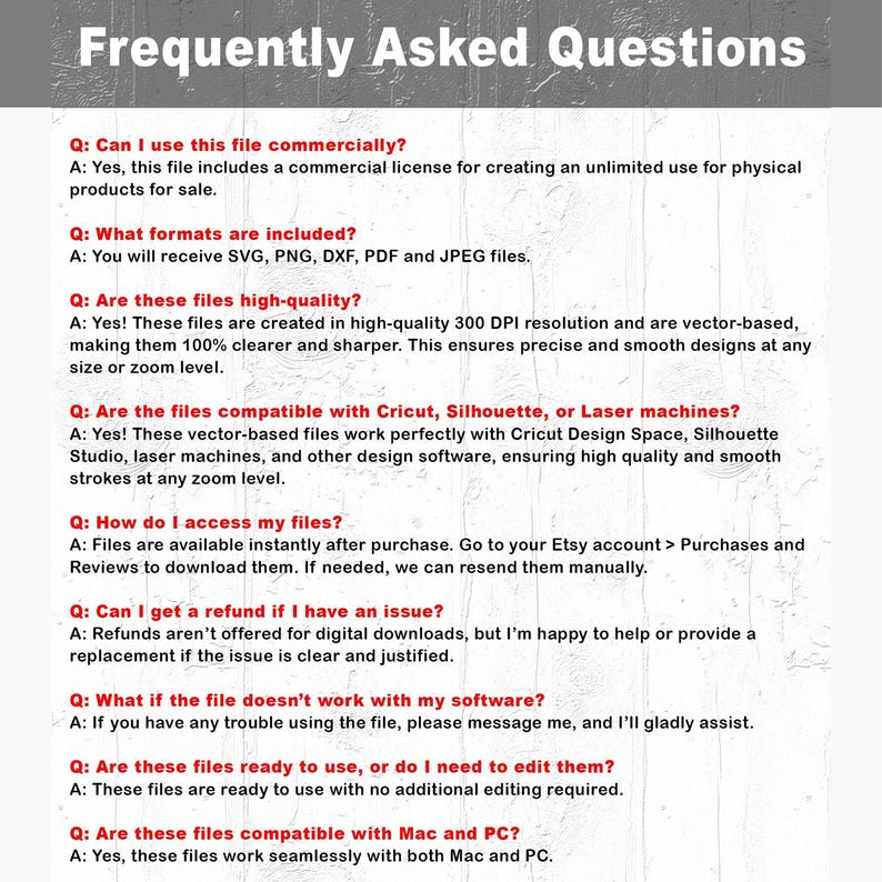 May include: A digital FAQ sheet titled "Frequently Asked Questions". It provides answers to common queries about commercial use, file formats, quality, compatibility with cutting machines, file access, refunds, software issues, editing, and Mac/PC compatibility.