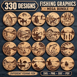 Puede incluir: Una colección digital de 330 gráficos de pesca en un mega paquete, con ilustraciones circulares con textura de madera de pescadores, barcos, peces y lagos. El texto dice 330 DESIGNS FISHING GRAPHICS MEGA BUNDLE y SVG PNG DXF PDF.