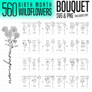 Geburtstagsmonat Strauß Wildblumen svg und png 560 Grafikdateien bündel - Geburtsmonat Wildblumen Geburtstag botanische sofortige digitale Downloads
