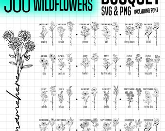 Birth month Bouquet Wildflowers svg and png 560 graphic files bundle - birthmonth wild flowers birthday botanical instant digital downloads