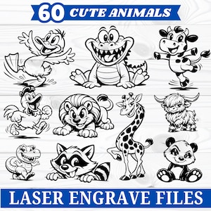 May include: Black and white cartoon illustrations of various animals, including a duck, alligator, cow, rooster, lion, giraffe, bull, dinosaur, raccoon, and panda. The text "60 CUTE ANIMALS" and "LASER ENGRAVE FILES" are displayed in blue.