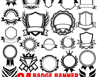 May include: A collection of 24 black and white badge and banner graphics. The designs include shields, ribbons, sunbursts, and circular shapes. The number "84" is displayed in red, with the text "BADGE BANNER GRAPHIC" below it.