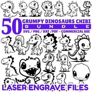 May include: A collection of 50 black and white grumpy dinosaur chibi illustrations. The image includes the text "50 Grumpy Dinosaurs Chibi Bundle" and "Laser Engrave Files". The illustrations are suitable for commercial use.