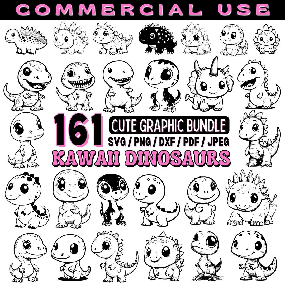 Cute Kawaii Dinosaurs Svg Dxf Png Pdf Jpeg Bundle Instant Digital ...