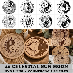 May include: A collection of 40 digital files featuring circular celestial sun and moon designs in black and white, alongside circular wooden coasters engraved with sun and moon motifs, labeled 40 CELESTIAL SUN MOON SVG & PNG - COMMERCIAL USE FILES.