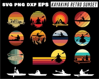 May include: A set of 12 retro sunset themed digital designs featuring a person kayaking. The designs are perfect for creating t-shirts, mugs, tote bags, stickers, and more.