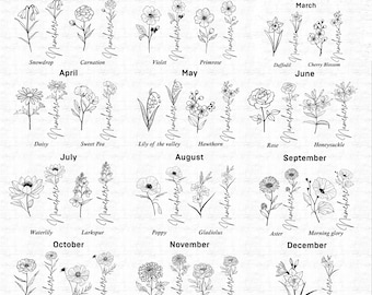 May include: A black and white illustration of 1400 wildflowers, organized by month, with the name of each flower listed below. The image includes the text "CNC Plasma Cut Files 1400 Wildflowers DXF, SVG & PNG".