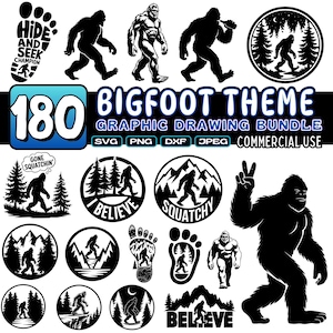 Paquete SVG de Bigfoot, clipart de Sasquatch, silueta de Yeti, archivos de corte de Bigfoot para Cricut, diseños de aventuras de campamento, SVG de bosque, comerciales
