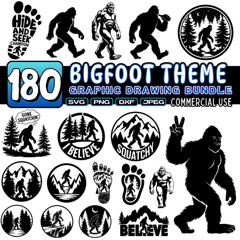 May include: A set of 18 black and white Bigfoot themed graphic designs. The designs include a Bigfoot in various poses, including standing, walking, and sitting. The designs also include text such as "Hide and Seek Champion", "Gone Squatchin", "Believe", and "Squatchy".