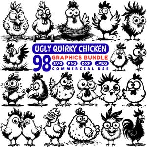 May include: A black and white graphic bundle featuring 18 cartoon chickens with various expressions. The text "Ugly Quirky Chicken Graphics Bundle" is displayed above the number "98" and file type icons.