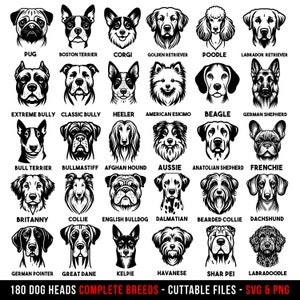 Hond hoofden Svg en Png bundel 180 hond gezichten Graveerbare bestand complete hondenrassen SVG insant digitale downloads